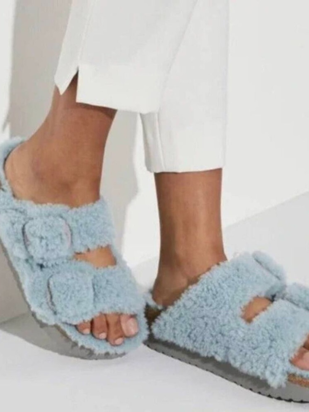 BIRKENSTOCK Arizona Big Buckle Genuine Shearling Slide Sandal in Faded Aqua